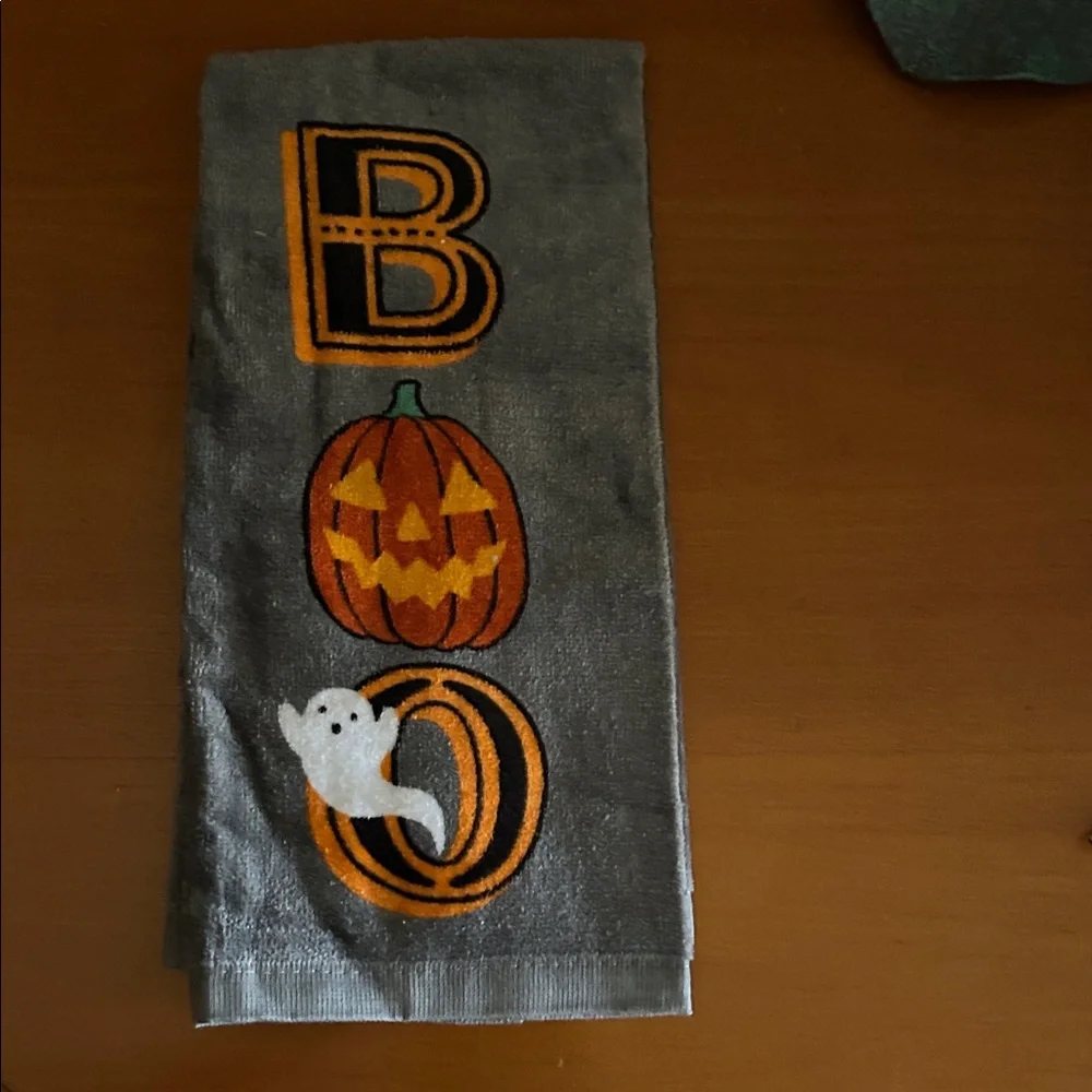 Halloween Gray Kitchen Towel with Pumpkin and Ghost
